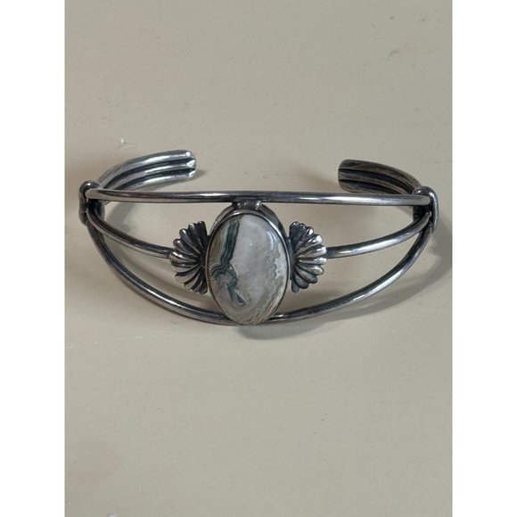 Vintage GFMW Sterling Silver Green Lace Jasper Cuff Bracelet 6 1/4' - Picture 10 of 11